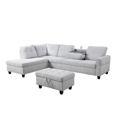 3-Piece Grey Sectional Sofa with Cup Holders