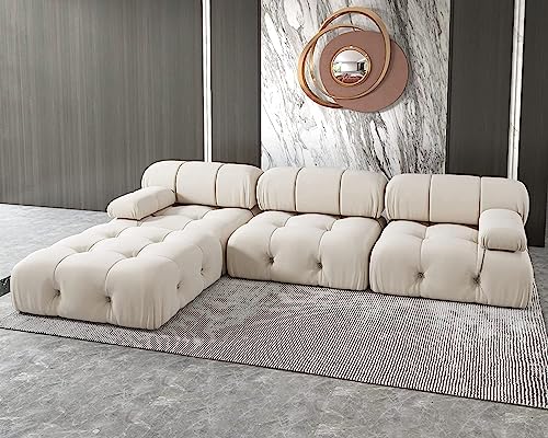 Beige L-Shaped Velvet Sectional Sofa with Ottoman