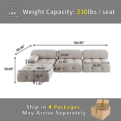 Beige L-Shaped Velvet Sectional Sofa with Ottoman