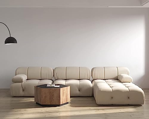 Beige L-Shaped Velvet Sectional Sofa with Ottoman