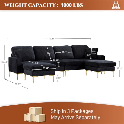 U-Shaped Velvet Sectional Sofa Set - Black