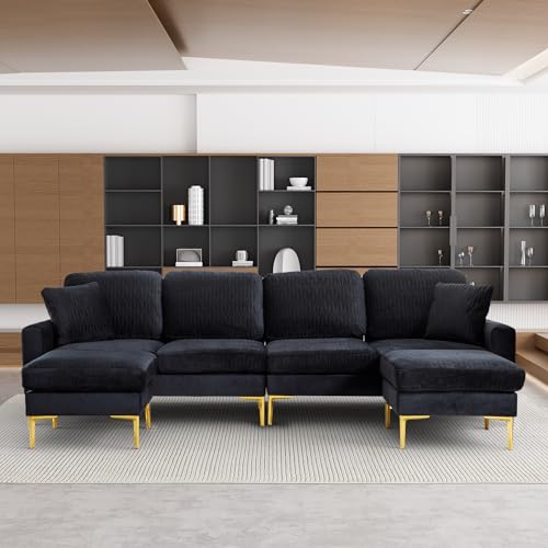 U-Shaped Velvet Sectional Sofa Set - Black