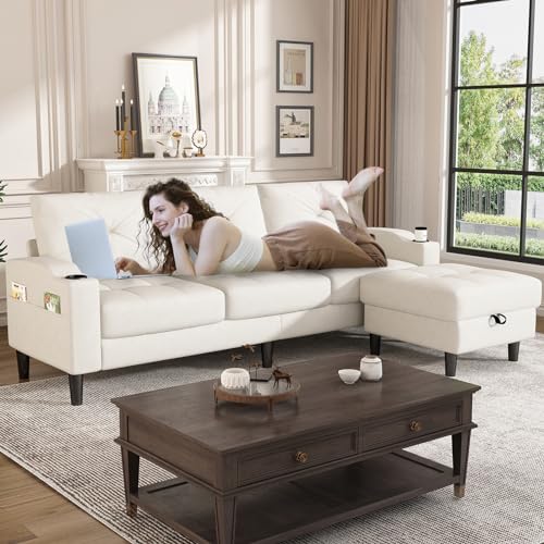 Beige L-Shaped Convertible Sectional Sofa with Storage