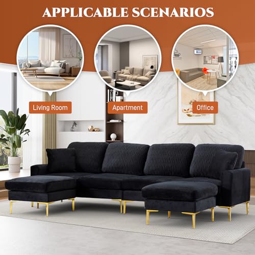 U-Shaped Velvet Sectional Sofa Set - Black