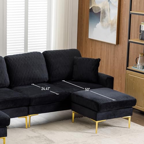 U-Shaped Velvet Sectional Sofa Set - Black