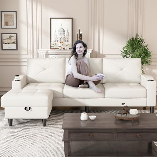 Beige L-Shaped Convertible Sectional Sofa with Storage