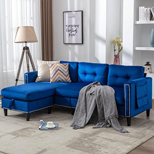 Blue Velvet Sectional Sofa with Chaise and Ottoman