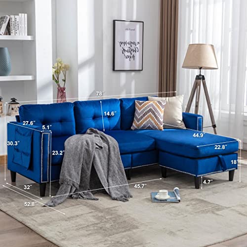 Blue Velvet Sectional Sofa with Chaise and Ottoman