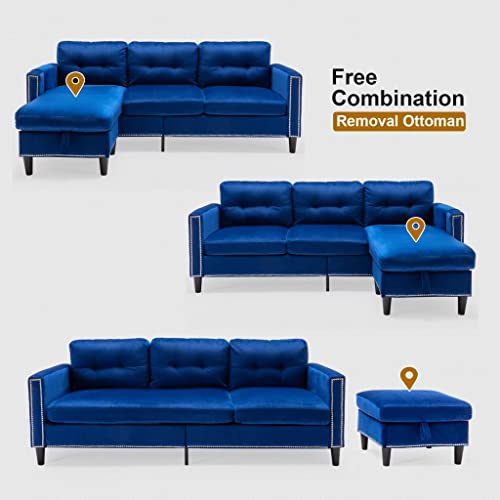 Blue Velvet Sectional Sofa with Chaise and Ottoman