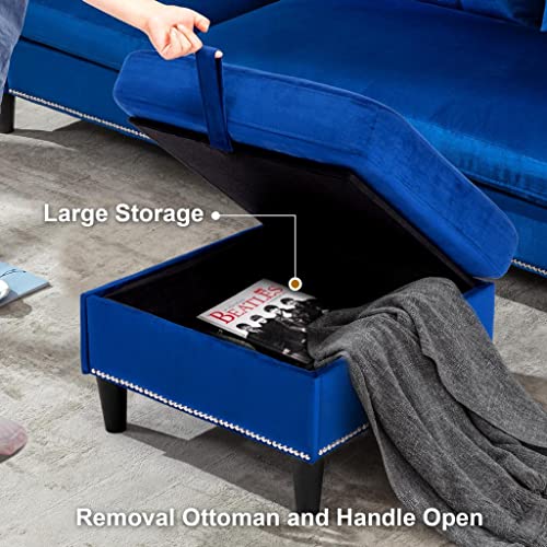 Blue Velvet Sectional Sofa with Chaise and Ottoman
