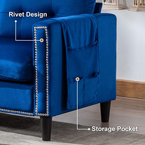 Blue Velvet Sectional Sofa with Chaise and Ottoman