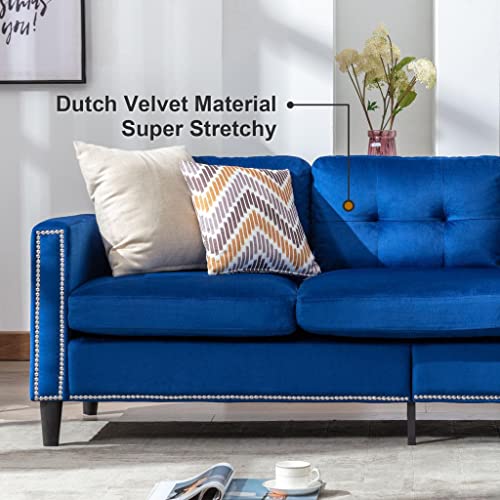 Blue Velvet Sectional Sofa with Chaise and Ottoman