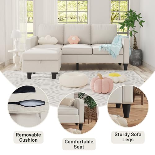 Beige Convertible Sectional Sofa with Ottoman