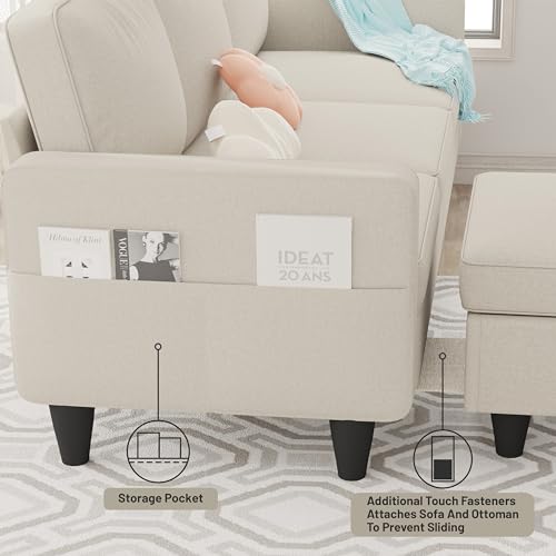 Beige Convertible Sectional Sofa with Ottoman
