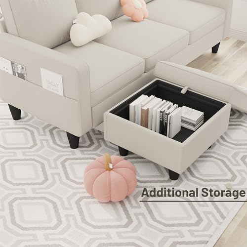 Beige Convertible Sectional Sofa with Ottoman