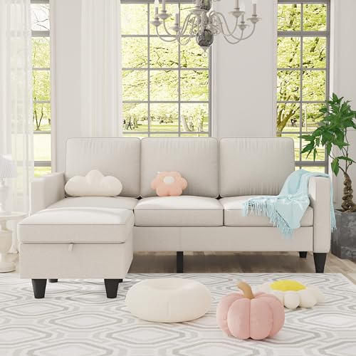 Beige Convertible Sectional Sofa with Ottoman