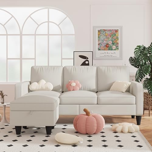 Beige Convertible Sectional Sofa with Ottoman