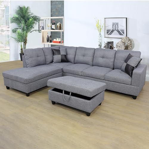 L-Shape Grey Sectional Sofa Set with Ottoman