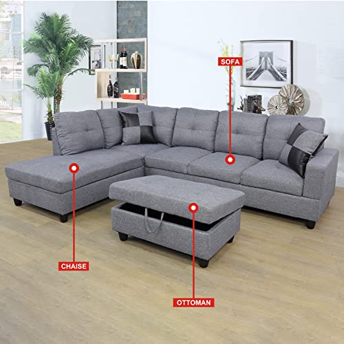 L-Shape Grey Sectional Sofa Set with Ottoman