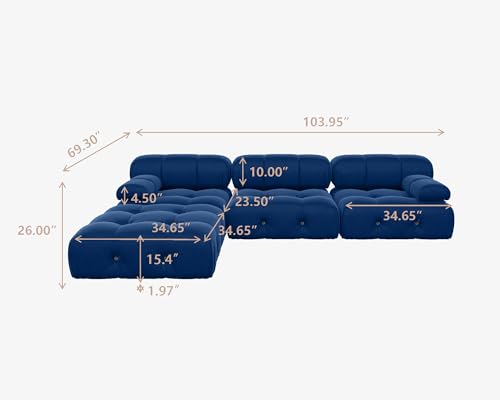 Modular Velvet Sectional Sofa with Ottoman, Blue