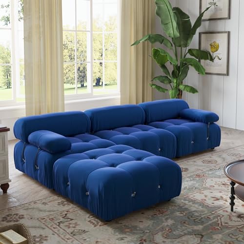 Modular Velvet Sectional Sofa with Ottoman, Blue