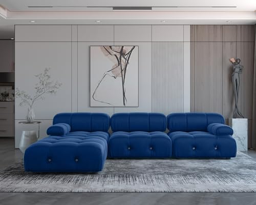Modular Velvet Sectional Sofa with Ottoman, Blue