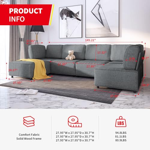 Dark Grey U-Shaped Modular Sectional Sofa Couch