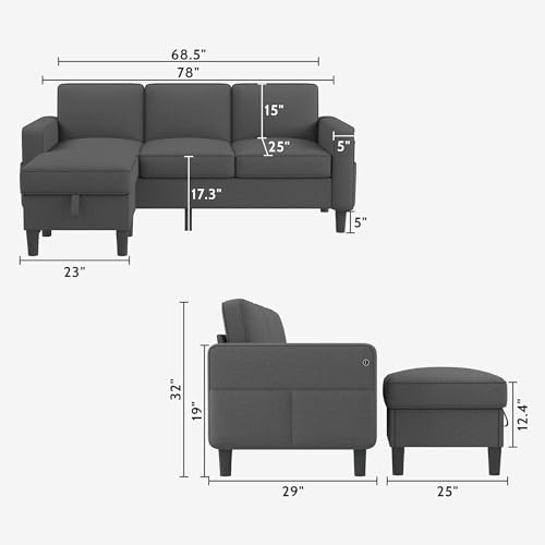 Beige L-Shaped Sectional Sofa with Charging Ports