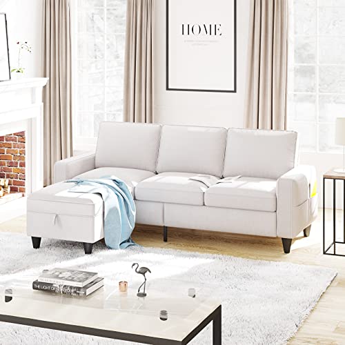 Lonkwa Beige L-Shaped Sectional Sofa with Storage-Ottoman