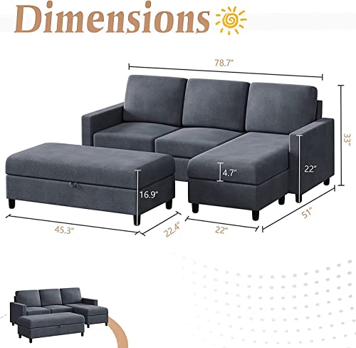 79'' Deep Grey L-Shaped Sectional Sofa with Ottoman