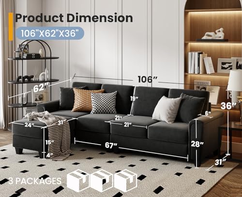 Dark Grey Convertible Sectional Sofa with Storage Ottoman