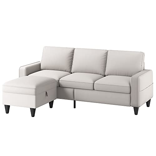 Lonkwa Beige L-Shaped Sectional Sofa with Storage-Ottoman