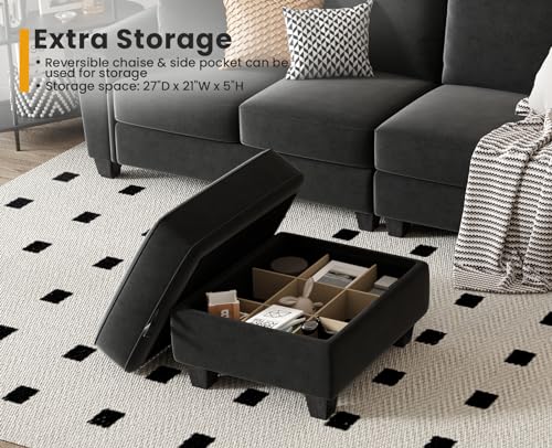 Dark Grey Convertible Sectional Sofa with Storage Ottoman