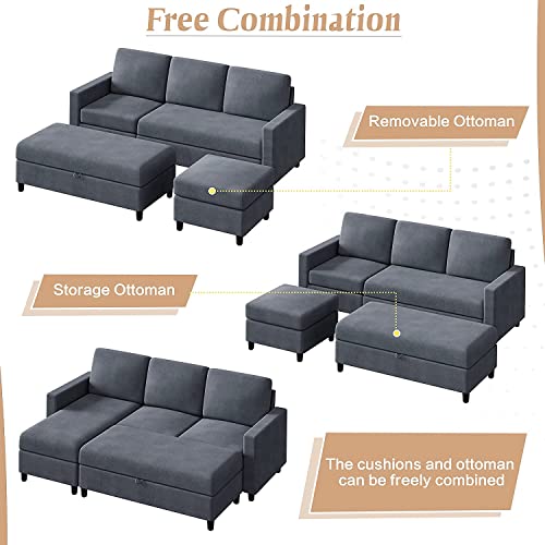 79'' Deep Grey L-Shaped Sectional Sofa with Ottoman