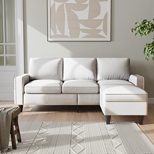 Lonkwa Beige L-Shaped Sectional Sofa with Storage-Ottoman