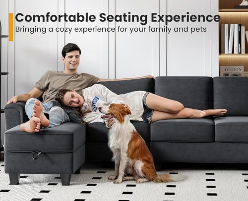 Dark Grey Convertible Sectional Sofa with Storage Ottoman