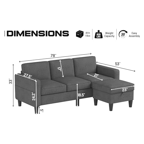 Modern Dark Grey Convertible Sectional Sofa with Storage