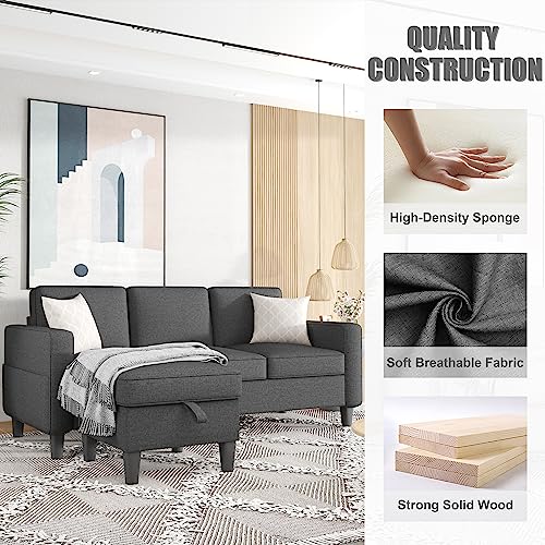 Modern Dark Grey Convertible Sectional Sofa with Storage
