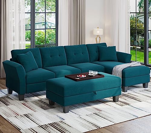 Peacock Blue Velvet L-Shaped Convertible Sofa Set