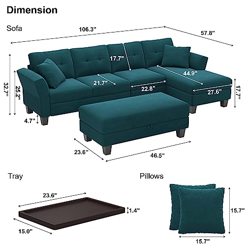 Peacock Blue Velvet L-Shaped Convertible Sofa Set
