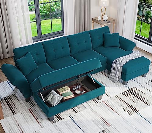 Peacock Blue Velvet L-Shaped Convertible Sofa Set