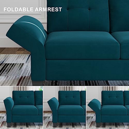 Peacock Blue Velvet L-Shaped Convertible Sofa Set