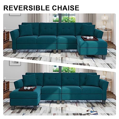 Peacock Blue Velvet L-Shaped Convertible Sofa Set