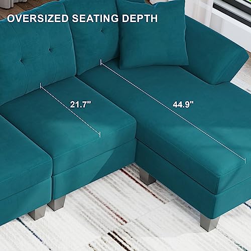 Peacock Blue Velvet L-Shaped Convertible Sofa Set
