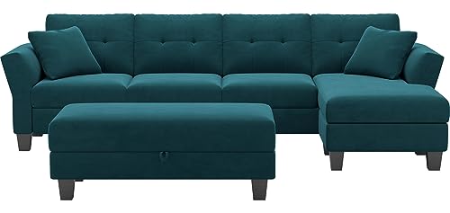 Peacock Blue Velvet L-Shaped Convertible Sofa Set