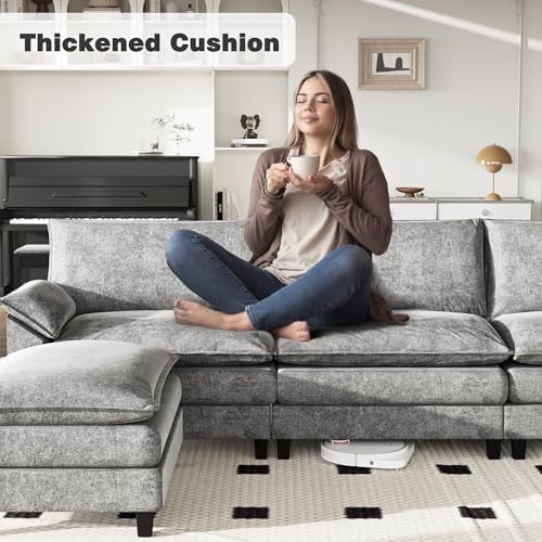 Grey Reversible L-Shaped Sectional Sofa with Ottoman