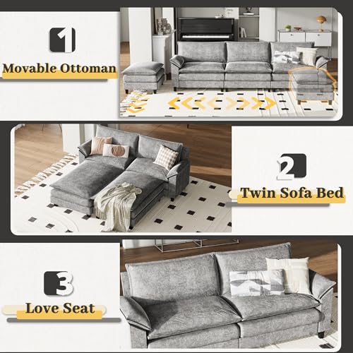 Grey Reversible L-Shaped Sectional Sofa with Ottoman