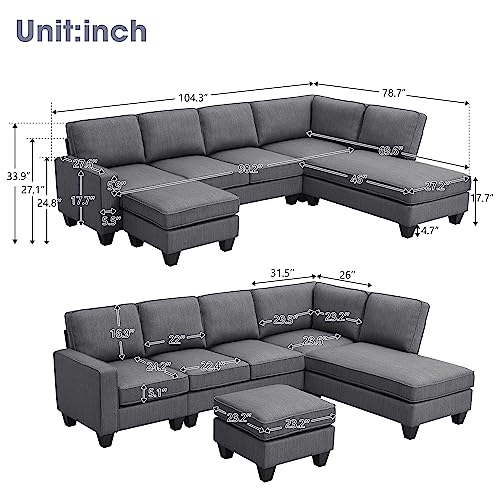 Modern 104" L-Shape Sectional Sofa Set, Dark Grey
