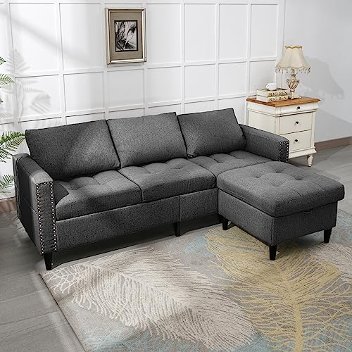 Dark Grey Linen L-Shaped Sectional Sofa with Ottoman