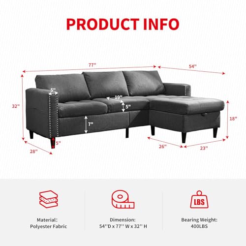 Dark Grey Linen L-Shaped Sectional Sofa with Ottoman